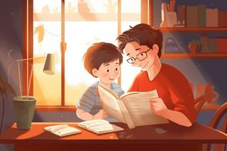 父子看书学习温馨插画背景