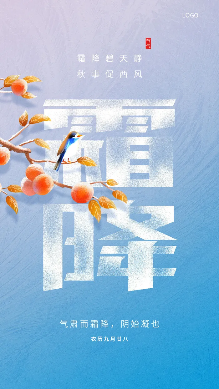 蓝色简约二十四节气霜降水滴柿子手机海报霜降海报