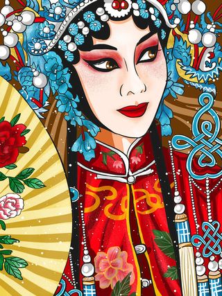 手绘中国风国潮京剧戏曲人物插画古风国粹花旦ai矢量ps设计素材图