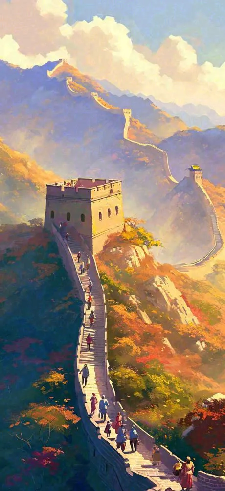 中国风万里长城落日阳光雄伟建筑手绘插画(736x1600)
