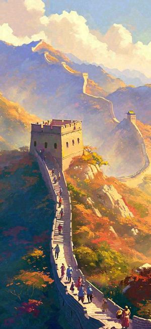 中国风万里长城落日阳光雄伟建筑手绘插画
