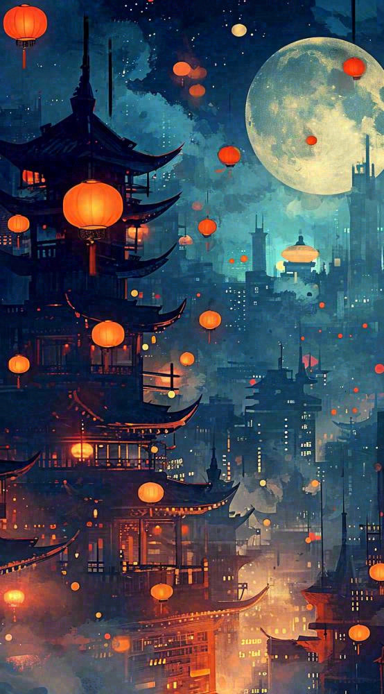 夜晚夜景月亮国风建筑灯笼星空浪漫，恐怖悬疑