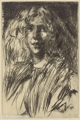 惠斯勒素描长发女艺术画