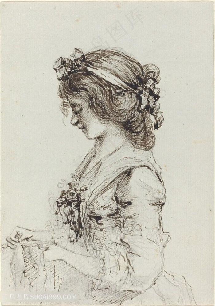 素描女士肖像艺术挂画手绘插画