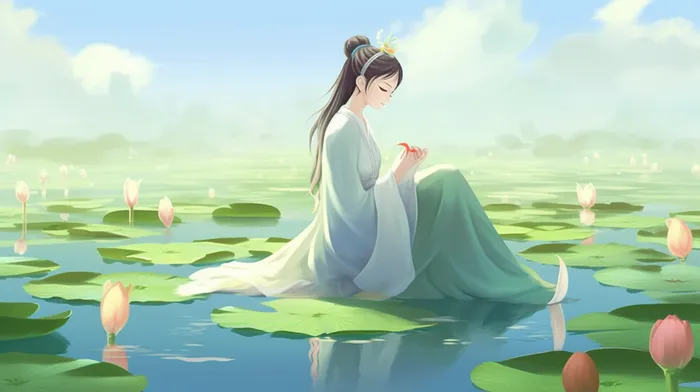 莲花荷叶池塘中的古风少女卡通插画