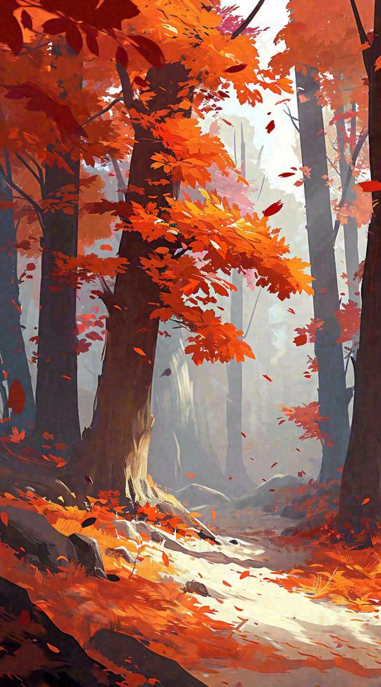 秋天红色秋叶树落叶温馨自然风景，立秋手绘插画(816x1472)