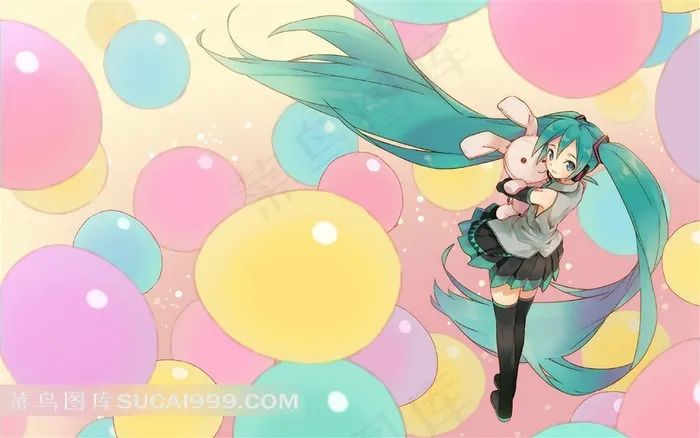 初音未来玩泡泡的美少女插画
