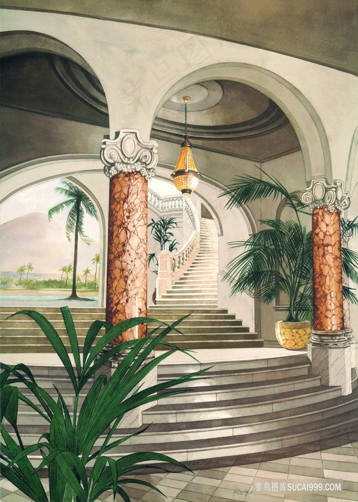 高清室内台阶艺术插画
