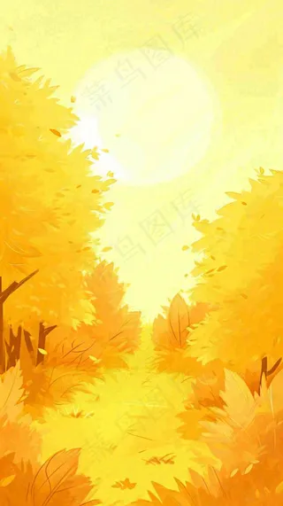 黄色树枝秋天秋叶落日阳光手绘插画，秋分
