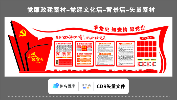 党建文化墙党建素材CDR预览图红色背景学党史知党情跟党走四讲四有合格