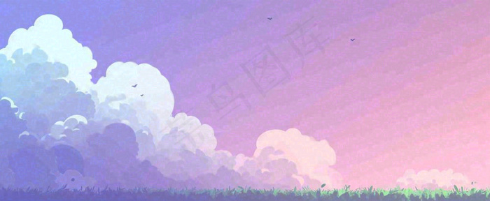 天空紫蓝色渐变云朵云层浪漫手绘插画(1712x704)
