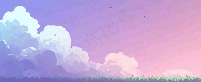 天空紫蓝色渐变云朵云层浪漫手绘插画(1712x704)