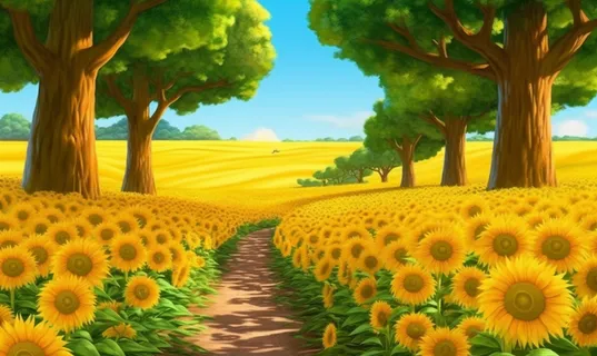 阳光明媚的天气里以树木为背景的向日葵田插画背景