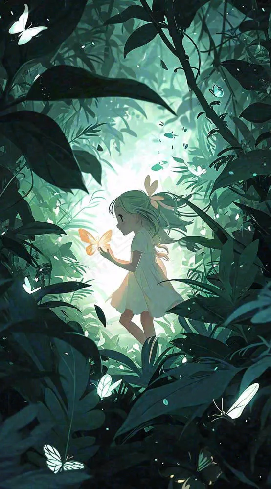 森林丛林夜晚女孩玩耍手绘插画，蝴蝶可爱(816x1472)