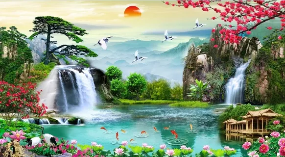 流水生财牡丹花山水背景墙 流水生财牡丹花山水背景墙