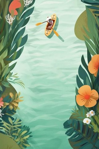 两岸绿叶河流里划船插画背景