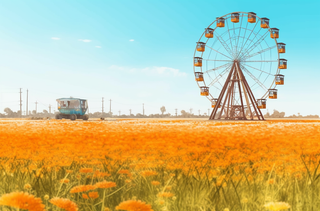 晴空下有摩天轮的田野金色色调插画背景