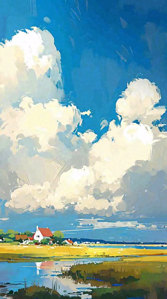 大自然湖面小溪草坪村庄蓝天白云，春天清新阳光(816x1456)