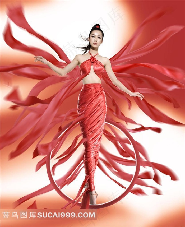 飞舞红绸带中的美女图片