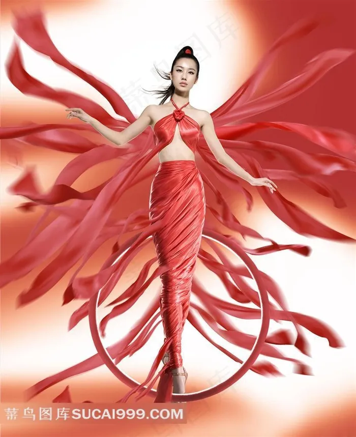 飞舞红绸带中的美女图片