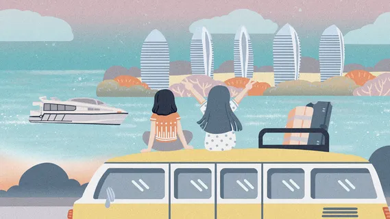 观光巴士旅游卡通女孩绘画PSD素材