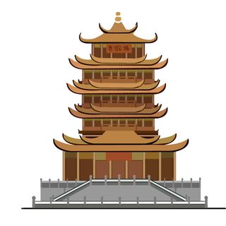 复古中国风国潮古建筑插画手绘高楼古塔PSD素材亭子png免抠图