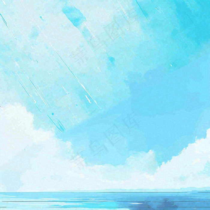 夏天海边蓝天白云水彩画