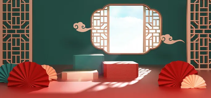 中国风国潮电商促销首页海报C4D背景图3D场景立体设计PSD素材模板