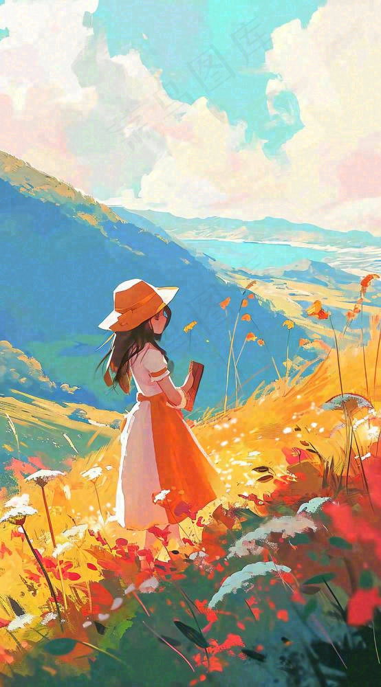 油画女孩春天踏青郊游山脉鲜花草地，春分，插画手绘(816x1472)
