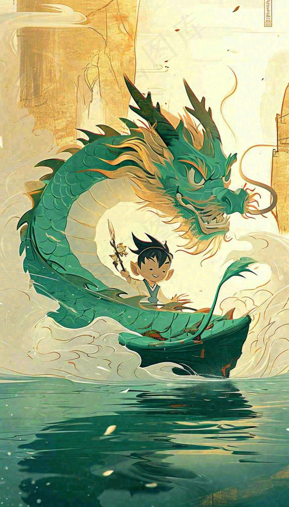 国风龙神话传说海面船只中国风插画(832x1456)