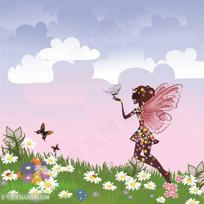 唯美草地花卉花仙子风景画