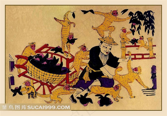 民间年画-毛猴争桃