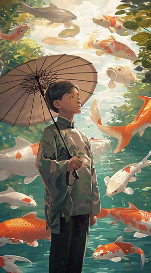 中国风金鱼喝水荷叶少年锦鲤手绘插画