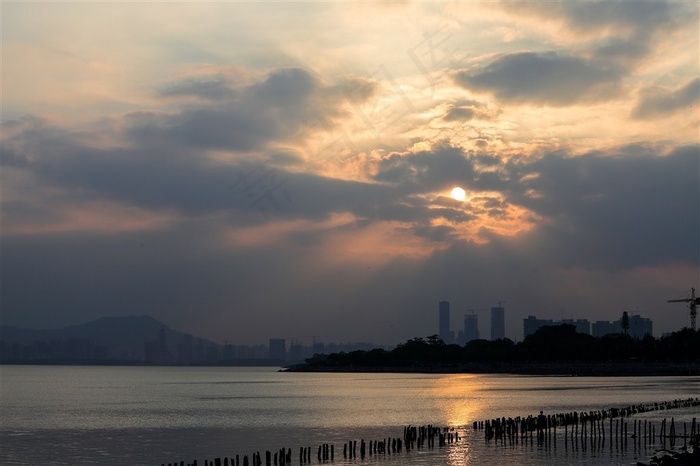 深圳湾日落美景摄影图片