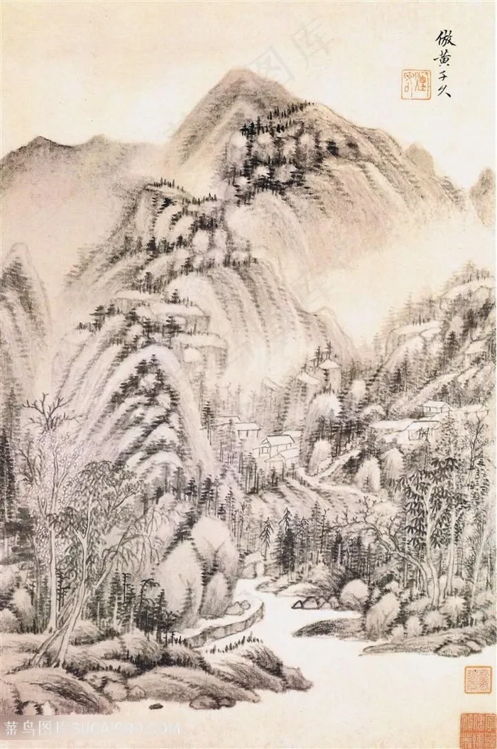 王时敏仿古山水册之仿黄子久国画图片
