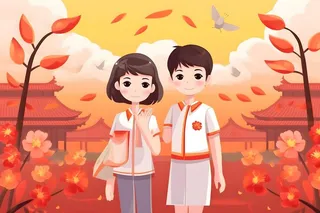 学生中国红祖国繁花背景