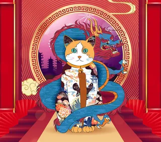 手绘猫年财神猫红色背景