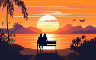 夕阳晚霞日楼情侣剪影橘红背景