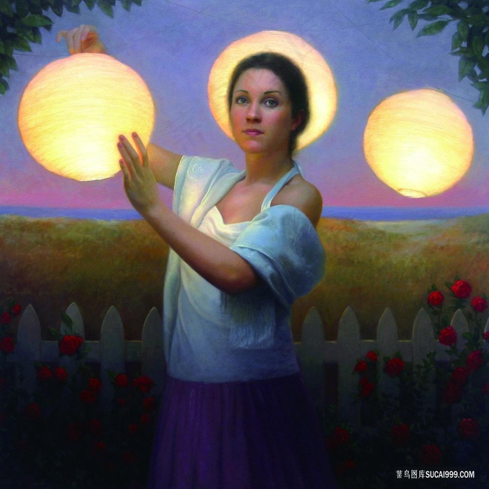 拿着灯笼的女性油画风景画