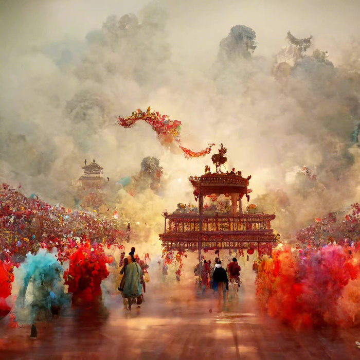 AI插画看天界舞狮 宏伟又虚幻