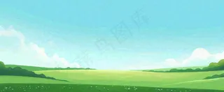 卡通手绘绿色草坡蓝天白云，春天，儿童节，春游，春分