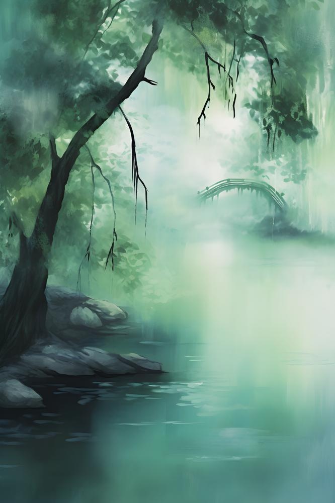 古风淡雅柳叶树青色空灵背景