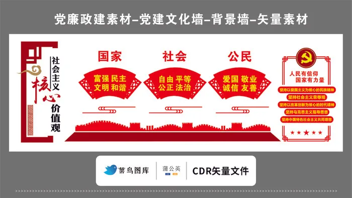 党建文化墙党建素材CDR预览图红色*核心价值观国家社会公民cdr矢量模版下载
