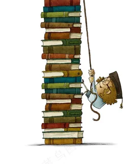 往堆成山的书本上攀爬的人