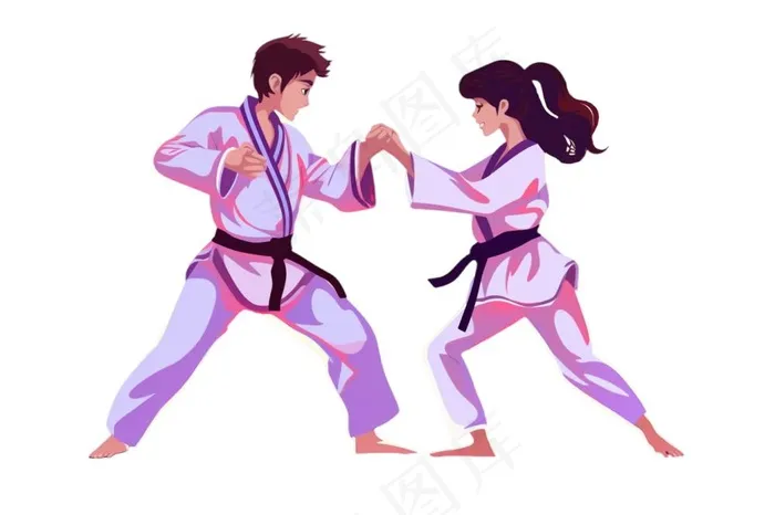 跆拳道男孩女孩对战插画免抠(1344x896)