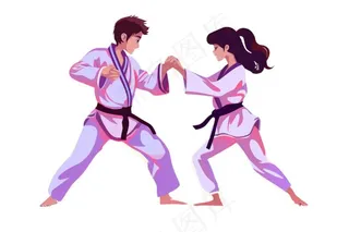 跆拳道男孩女孩对战插画免抠