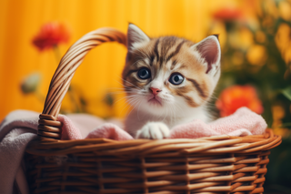一只可爱的猫咪在编织篮里玩耍摄影图