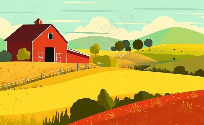 乡村村庄美丽风景河流插画农田插画背景(1408x864)