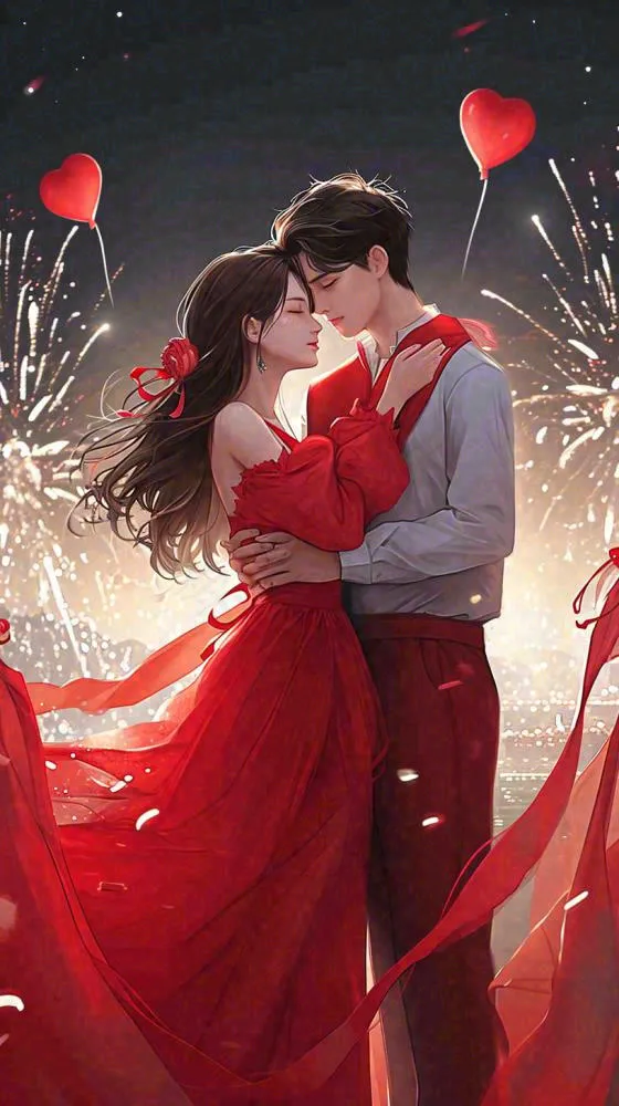 烟花中情侣在情人节的夜晚里拥抱亲吻，红色爱心气球爱情甜蜜(816x1456)