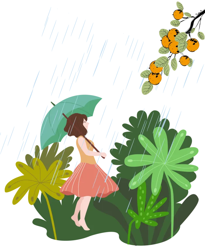 打着伞穿着红裙的女孩在雨中漫步